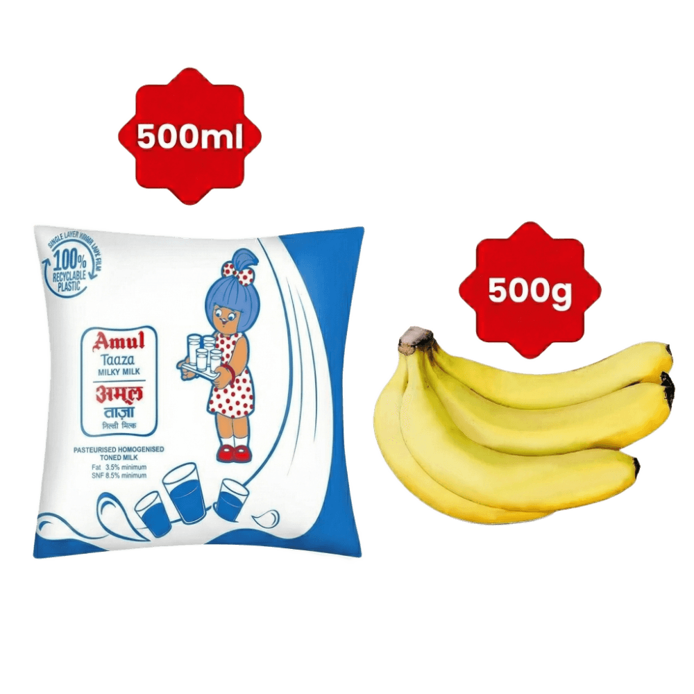 Amul Taaza Toned Fresh Milk Pouch 500 ml+Banana Robusta (Regular) 500 g 1
