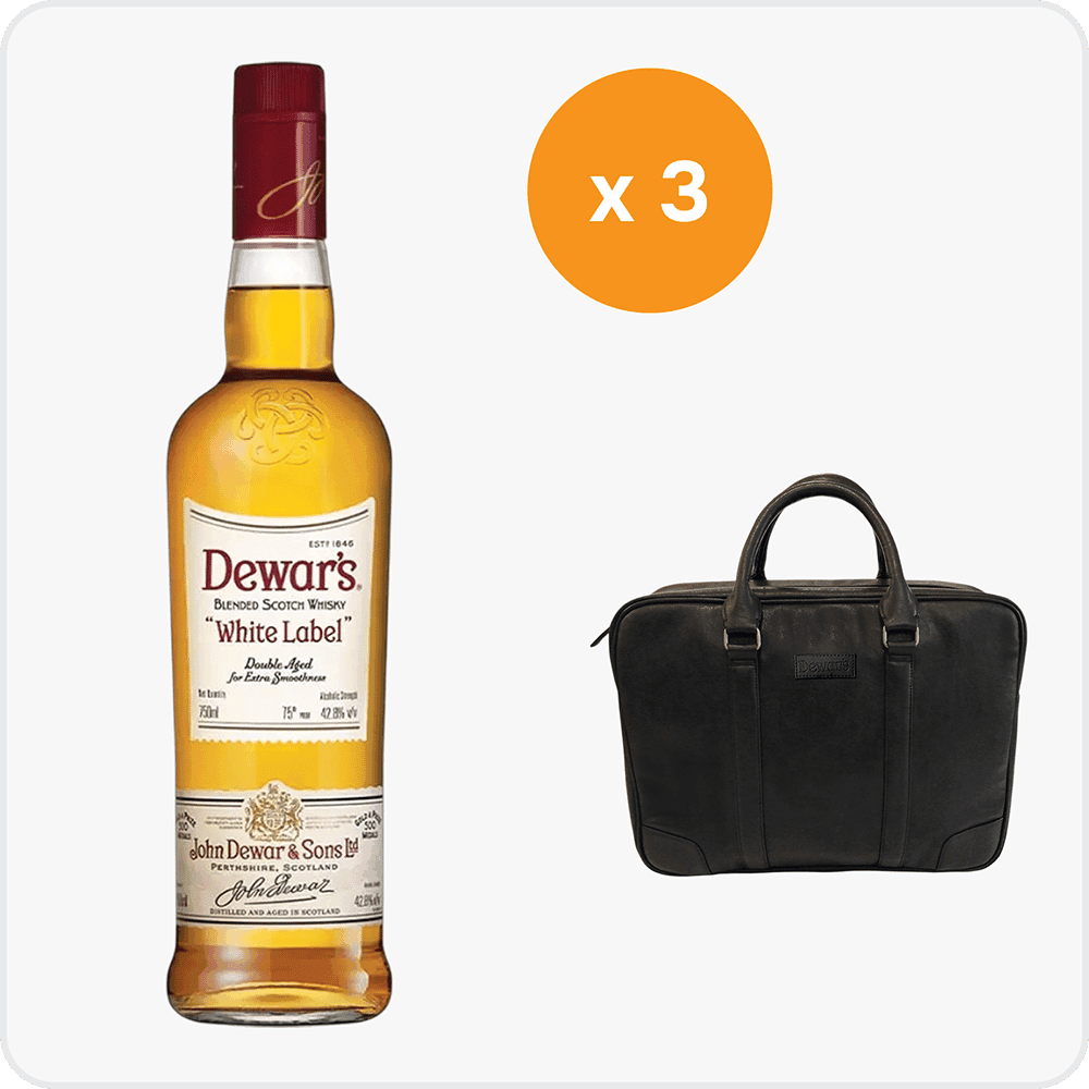 3 X Dewars White Label Blended Scotch Whisky 750 ml + Gift 1