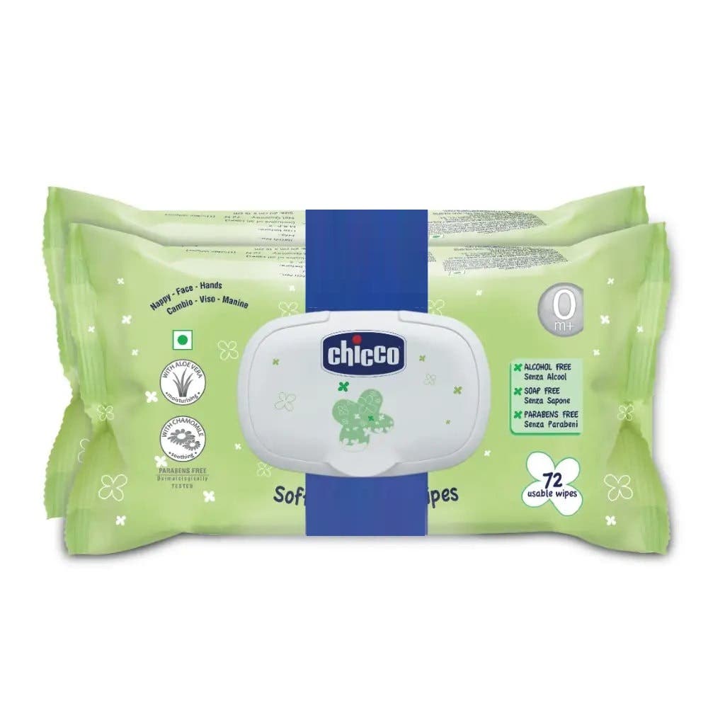Chicco Baby Moments Baby Wipes 144 Sheets Ideal For Nappy Face And Hand Dermatologically Tested Paraben Free Fliptop Bi-Pack White Soft Cleansing